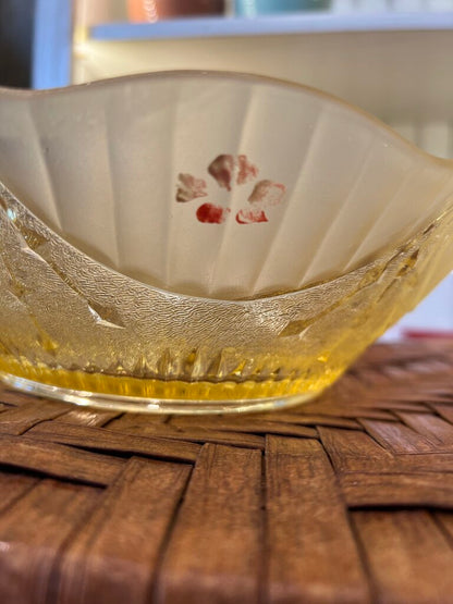 Vintage Glass Bowl With Handle's Hand Painted Flowers