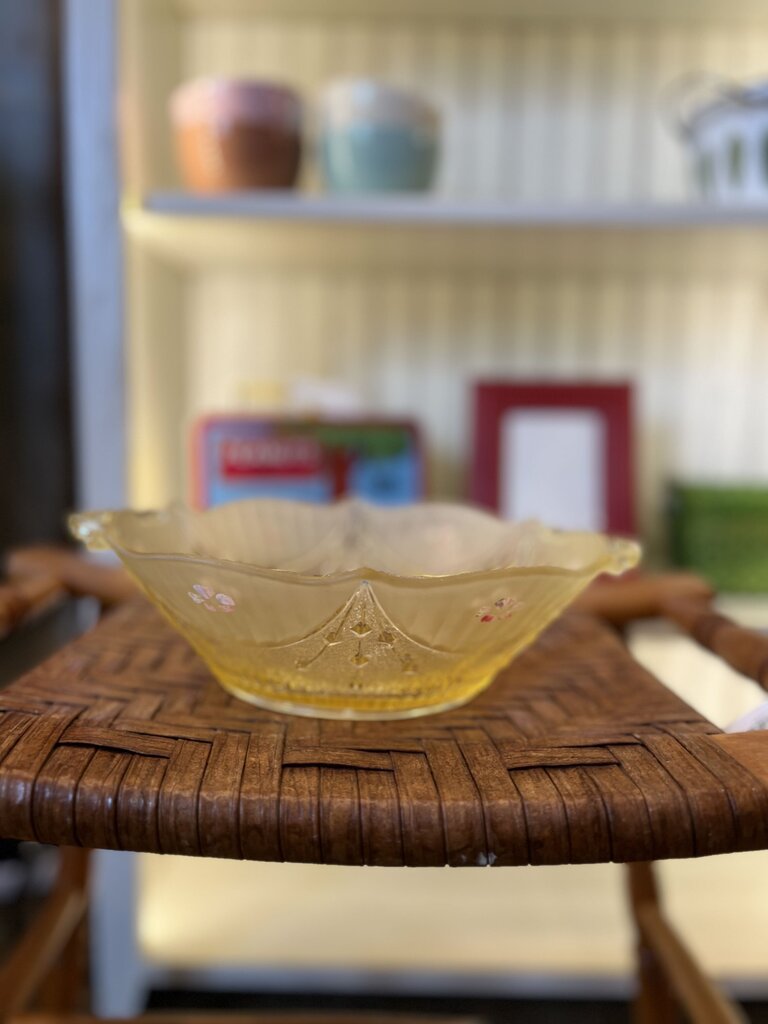 Vintage Glass Bowl With Handle's Hand Painted Flowers
