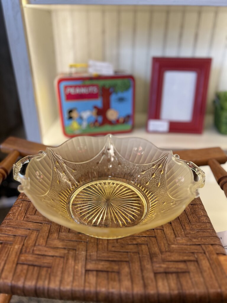 Vintage Glass Bowl With Handle's Hand Painted Flowers