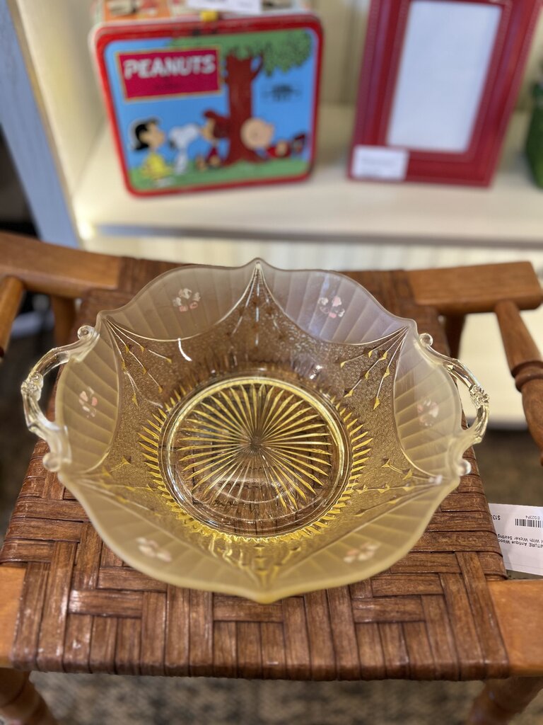 Vintage Glass Bowl With Handle's Hand Painted Flowers