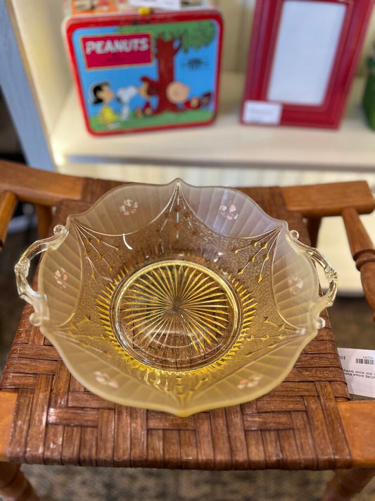 Vintage Glass Bowl With Handle's Hand Painted Flowers