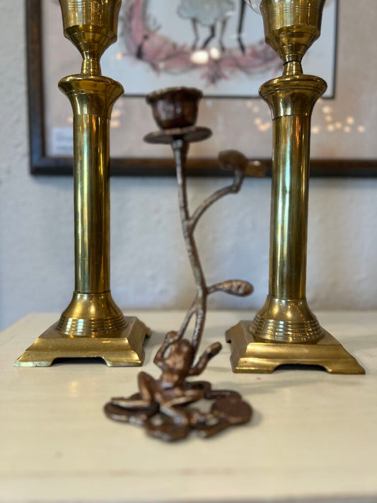 Metal Bronze Brass Frog On A Lily Pad & Dragonfly Candle Stick Holder