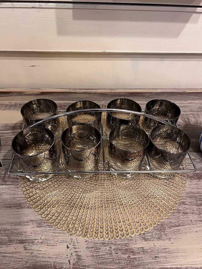 Vintage Mid-Century Atomic Starburst Glass Set With Holder