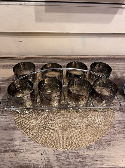 Vintage Mid-Century Atomic Starburst Glass Set With Holder