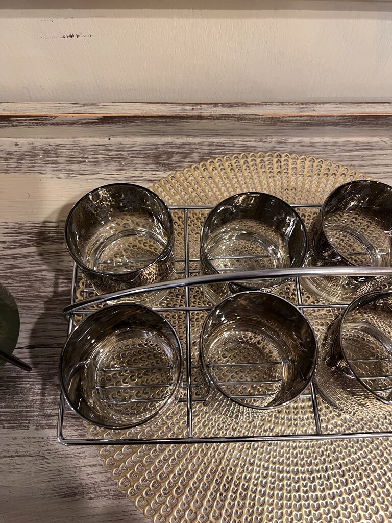 Vintage Mid-Century Atomic Starburst Glass Set With Holder