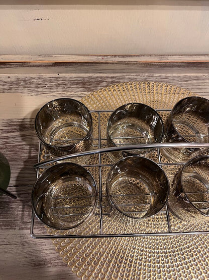 Vintage Mid-Century Atomic Starburst Glass Set With Holder