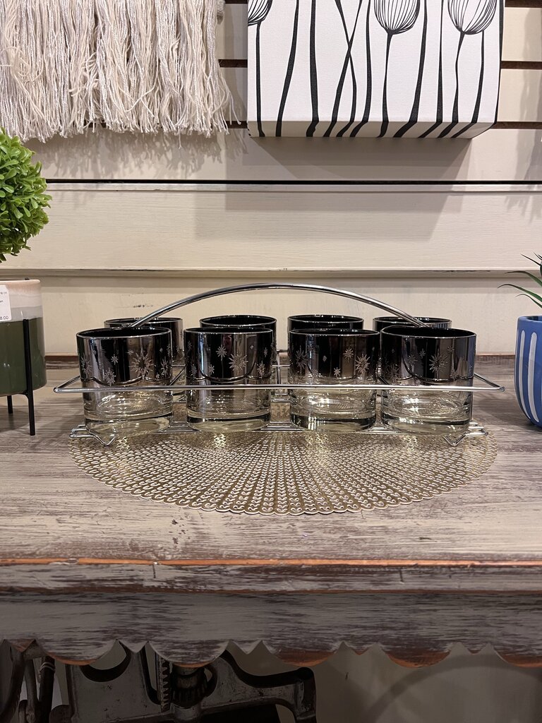 Vintage Mid-Century Atomic Starburst Glass Set With Holder