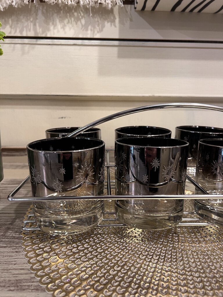 Vintage Mid-Century Atomic Starburst Glass Set With Holder