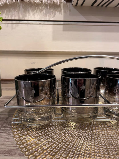 Vintage Mid-Century Atomic Starburst Glass Set With Holder