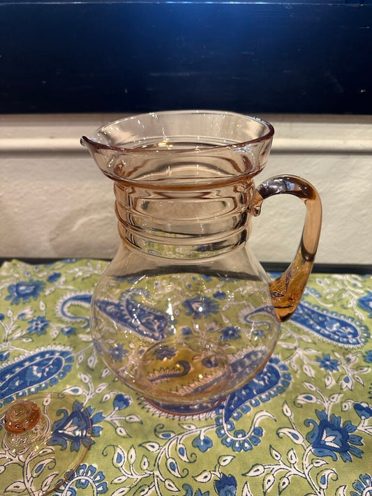 Vintage 1930's Dunbar Glass Art Deco Stacked Rings Pink Depression Pitcher w/lid