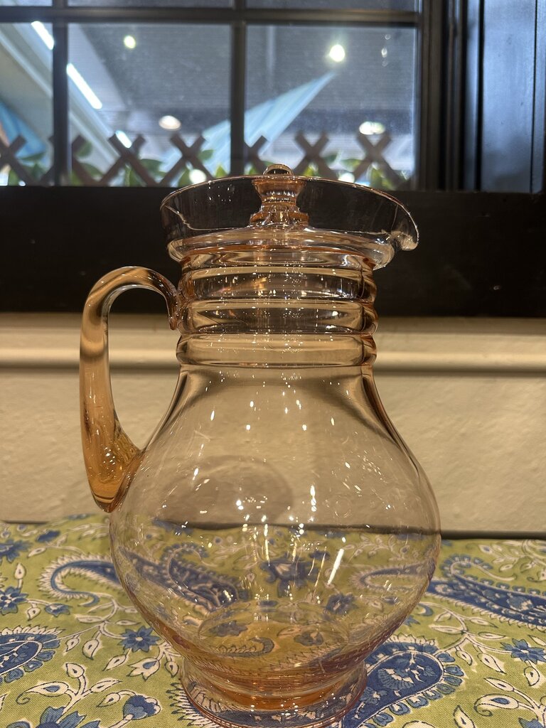 Vintage 1930's Dunbar Glass Art Deco Stacked Rings Pink Depression Pitcher w/lid