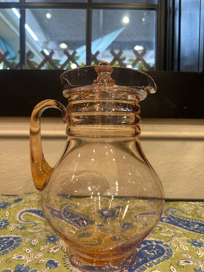 Vintage 1930's Dunbar Glass Art Deco Stacked Rings Pink Depression Pitcher w/lid