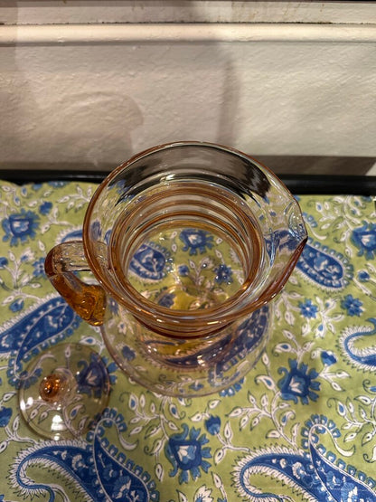Vintage 1930's Dunbar Glass Art Deco Stacked Rings Pink Depression Pitcher w/lid