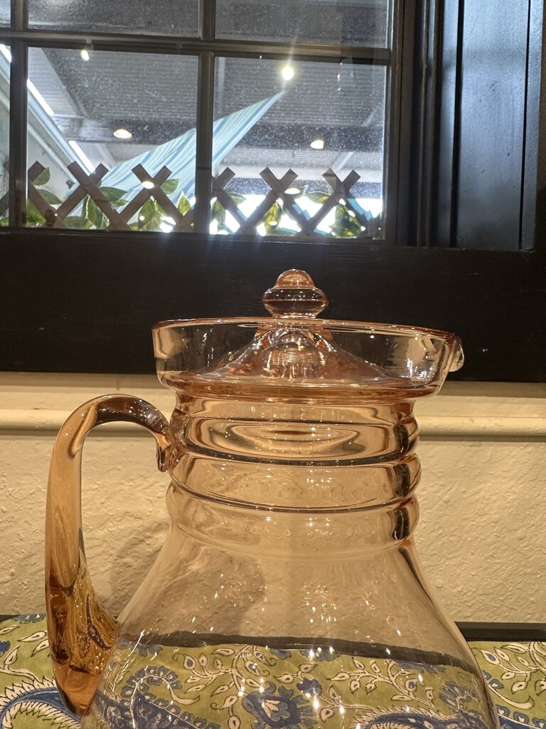 Vintage 1930's Dunbar Glass Art Deco Stacked Rings Pink Depression Pitcher w/lid