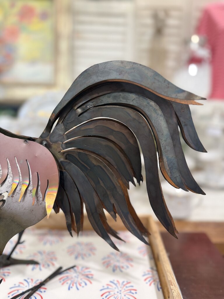 handcrafted numbered sheet metal chicken moving tail