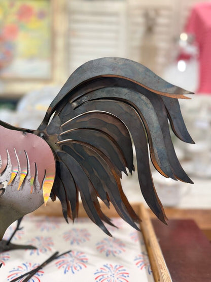 handcrafted numbered sheet metal chicken moving tail