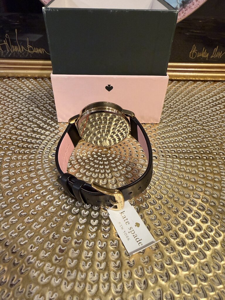 Kate Spade Metro Puppy Black Gold Bulldog Puppy Dog Leather Watch NWT Box