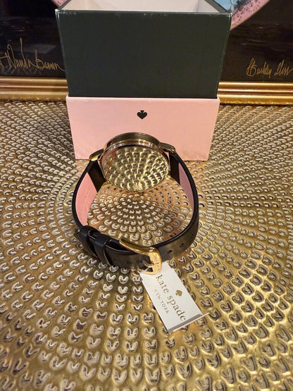Kate Spade Metro Puppy Black Gold Bulldog Puppy Dog Leather Watch NWT Box
