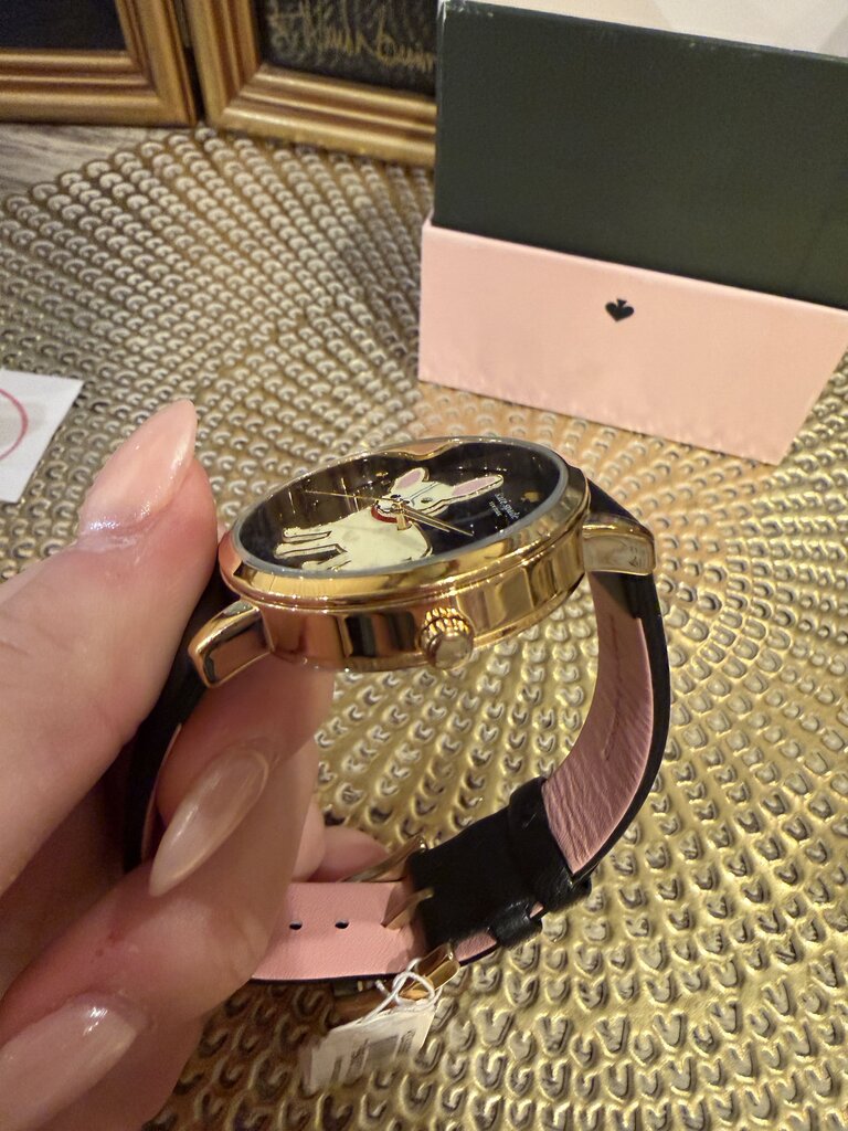 Kate Spade Metro Puppy Black Gold Bulldog Puppy Dog Leather Watch NWT Box