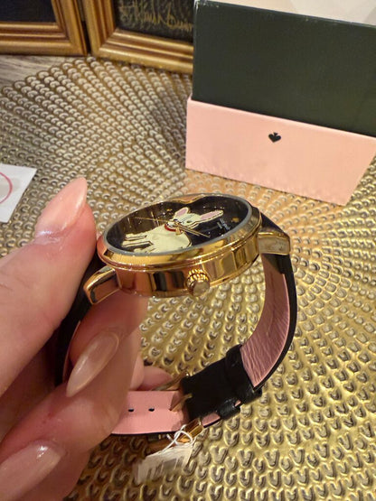 Kate Spade Metro Puppy Black Gold Bulldog Puppy Dog Leather Watch NWT Box