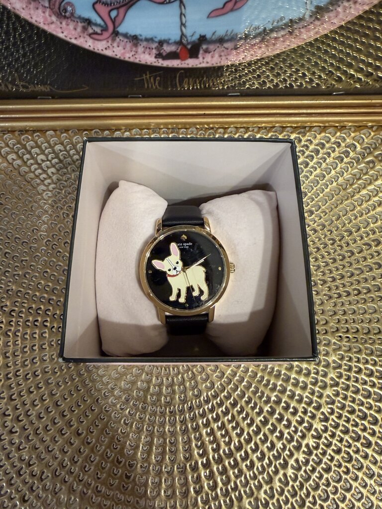 Kate Spade Metro Puppy Black Gold Bulldog Puppy Dog Leather Watch NWT Box