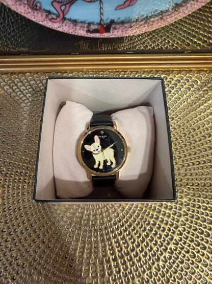 Kate Spade Metro Puppy Black Gold Bulldog Puppy Dog Leather Watch NWT Box