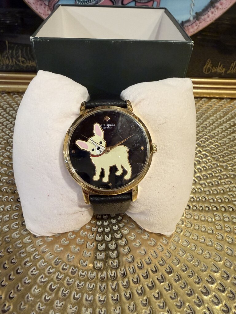 Kate Spade Metro Puppy Black Gold Bulldog Puppy Dog Leather Watch NWT Box