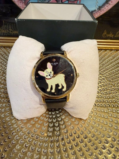 Kate Spade Metro Puppy Black Gold Bulldog Puppy Dog Leather Watch NWT Box