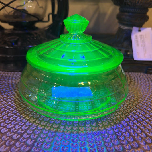 Vintage Anchor Hocking Uranium Block Optic depression glass candy dish