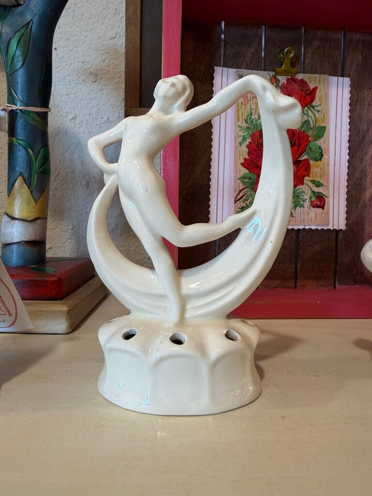 Antique Vintage Art Deco Nouveau 1930’s White Nude Woman Lady Dancer Flower Frog