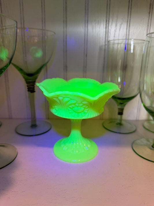 Vintage Vaseline Fenton Green Jadeite Footed Compote Candy Dish
