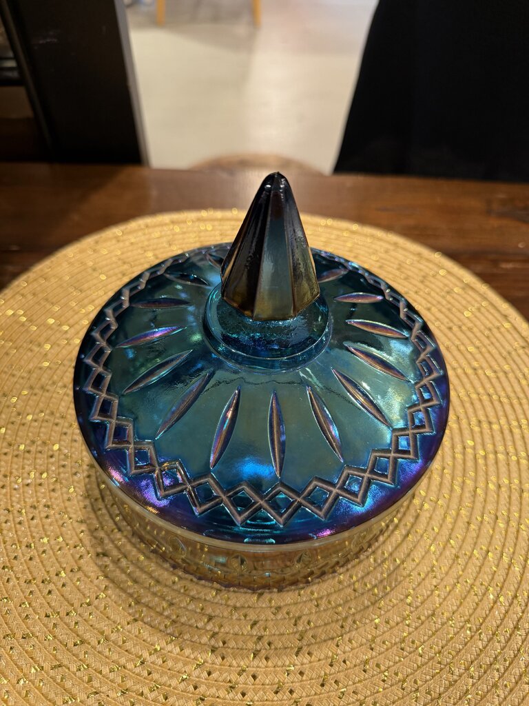 Vintage Indiana Glass Princess Blue Carnival Iridescent Candy Dish with Lid