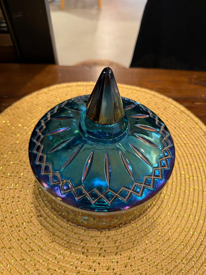 Vintage Indiana Glass Princess Blue Carnival Iridescent Candy Dish with Lid