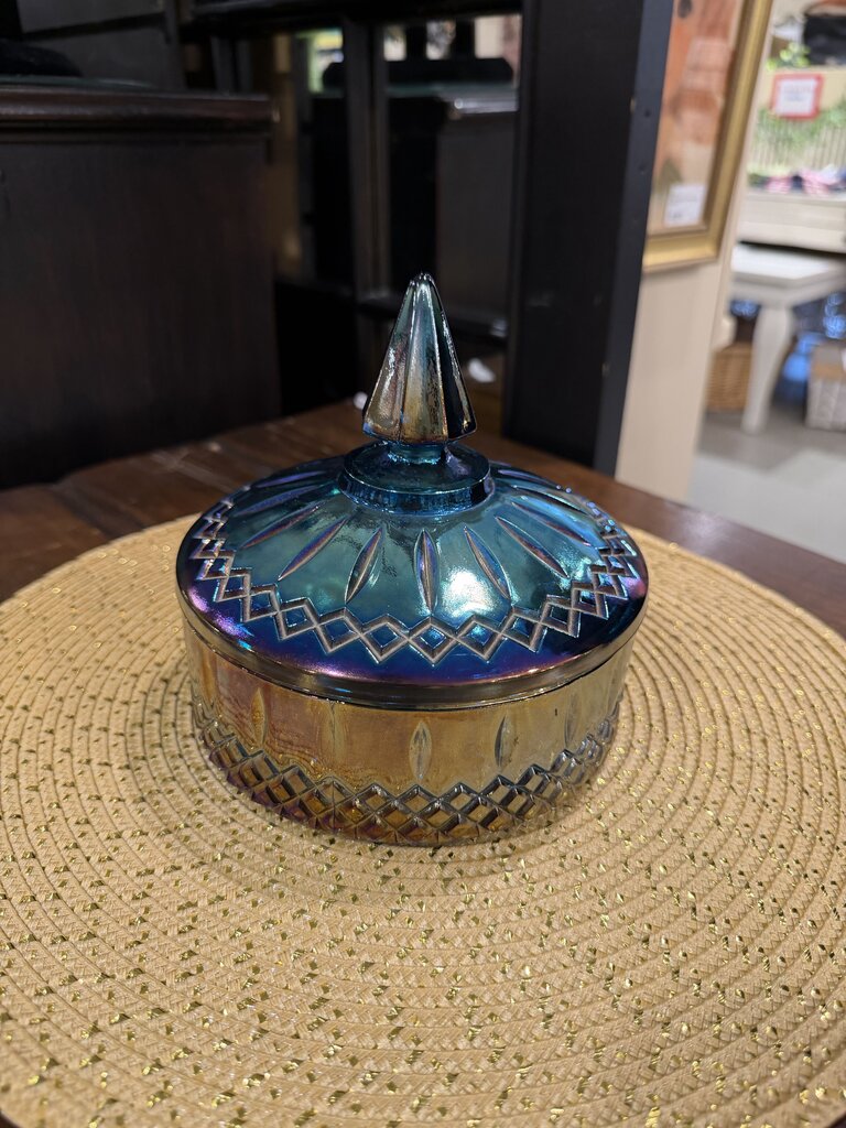 Vintage Indiana Glass Princess Blue Carnival Iridescent Candy Dish with Lid