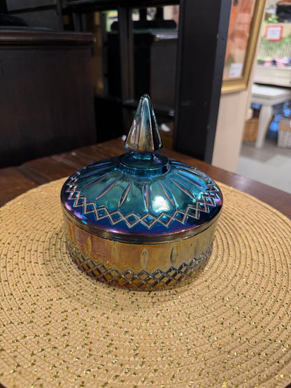 Vintage Indiana Glass Princess Blue Carnival Iridescent Candy Dish with Lid