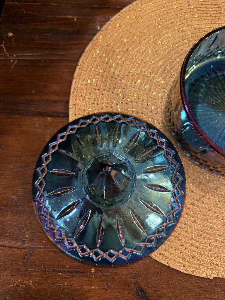 Vintage Indiana Glass Princess Blue Carnival Iridescent Candy Dish with Lid