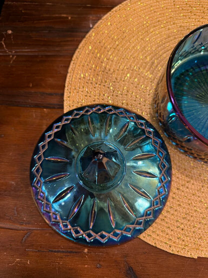 Vintage Indiana Glass Princess Blue Carnival Iridescent Candy Dish with Lid