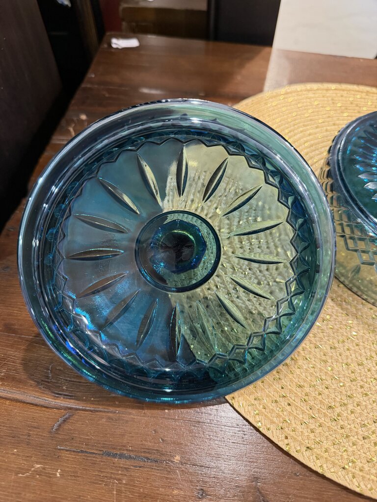 Vintage Indiana Glass Princess Blue Carnival Iridescent Candy Dish with Lid