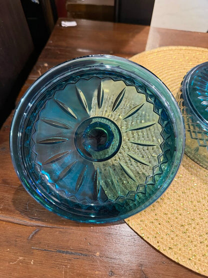 Vintage Indiana Glass Princess Blue Carnival Iridescent Candy Dish with Lid