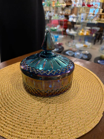 Vintage Indiana Glass Princess Blue Carnival Iridescent Candy Dish with Lid