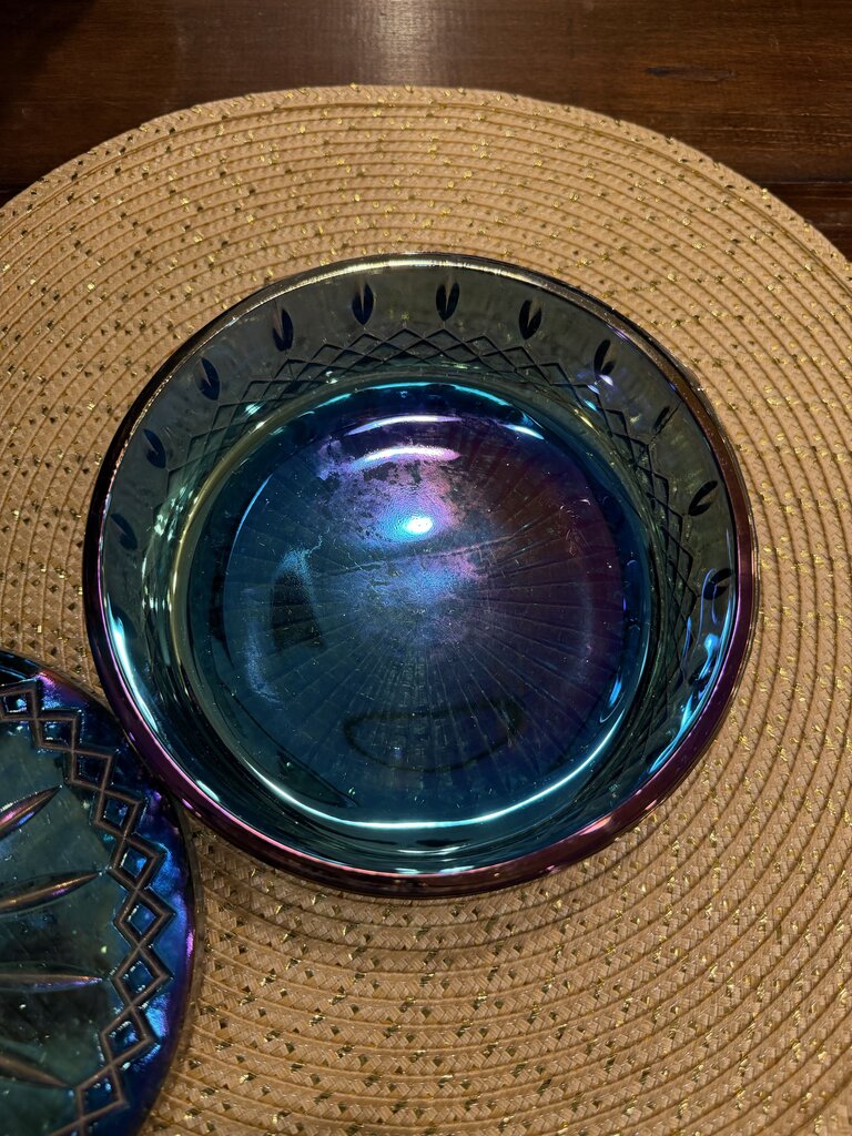 Vintage Indiana Glass Princess Blue Carnival Iridescent Candy Dish with Lid