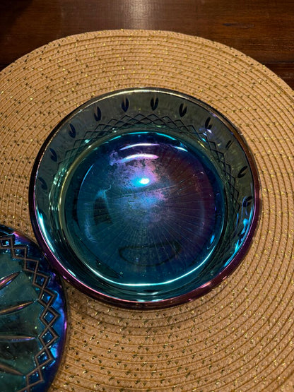 Vintage Indiana Glass Princess Blue Carnival Iridescent Candy Dish with Lid