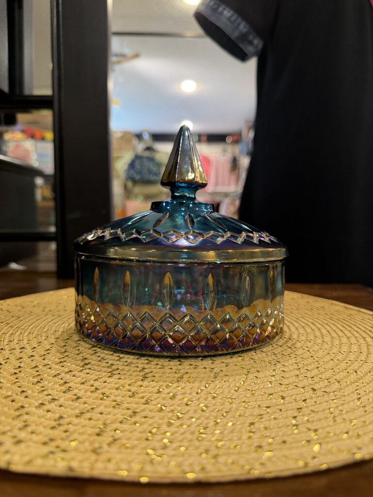 Vintage Indiana Glass Princess Blue Carnival Iridescent Candy Dish with Lid