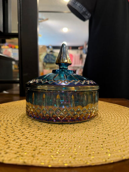 Vintage Indiana Glass Princess Blue Carnival Iridescent Candy Dish with Lid
