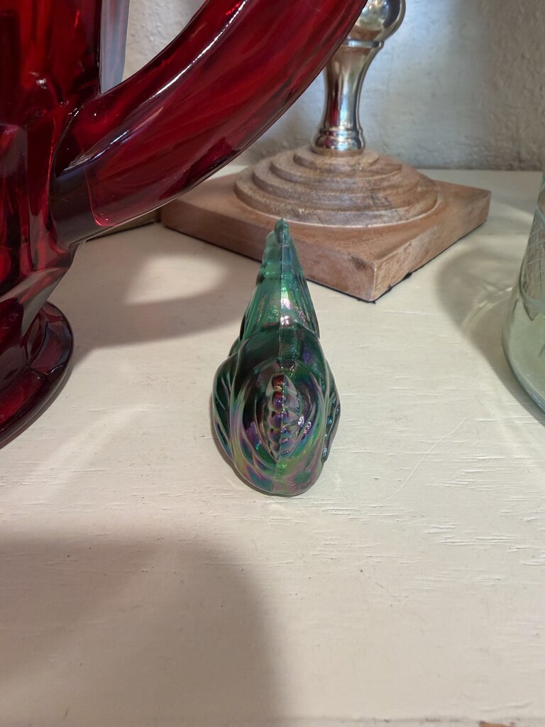 FENTON Mini Hen Figurine Green Carnival Glass