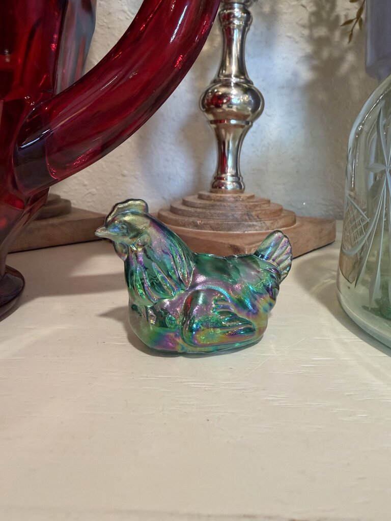 FENTON Mini Hen Figurine Green Carnival Glass