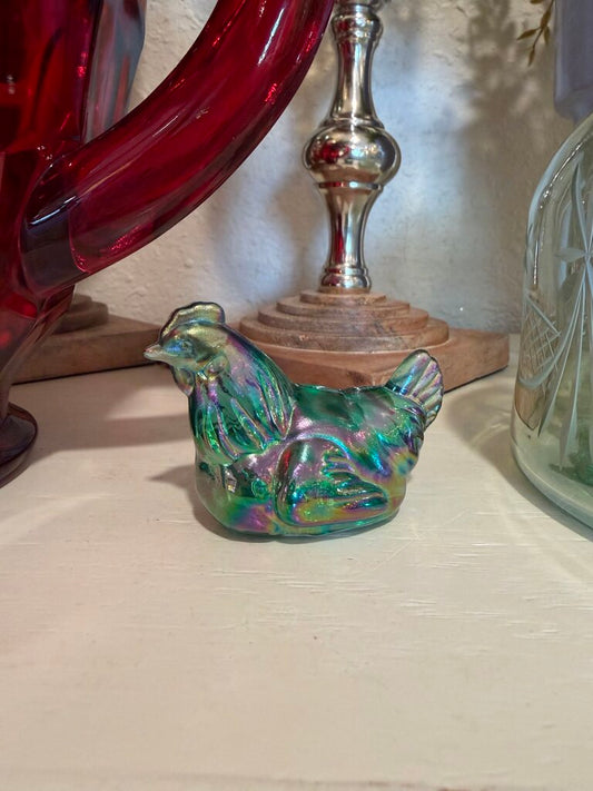 FENTON Mini Hen Figurine Green Carnival Glass