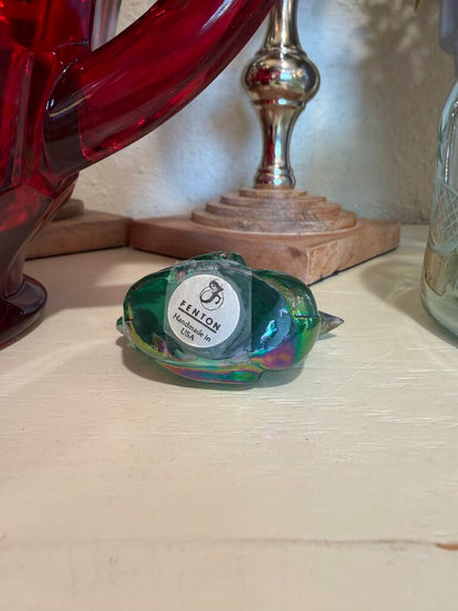 FENTON Mini Hen Figurine Green Carnival Glass