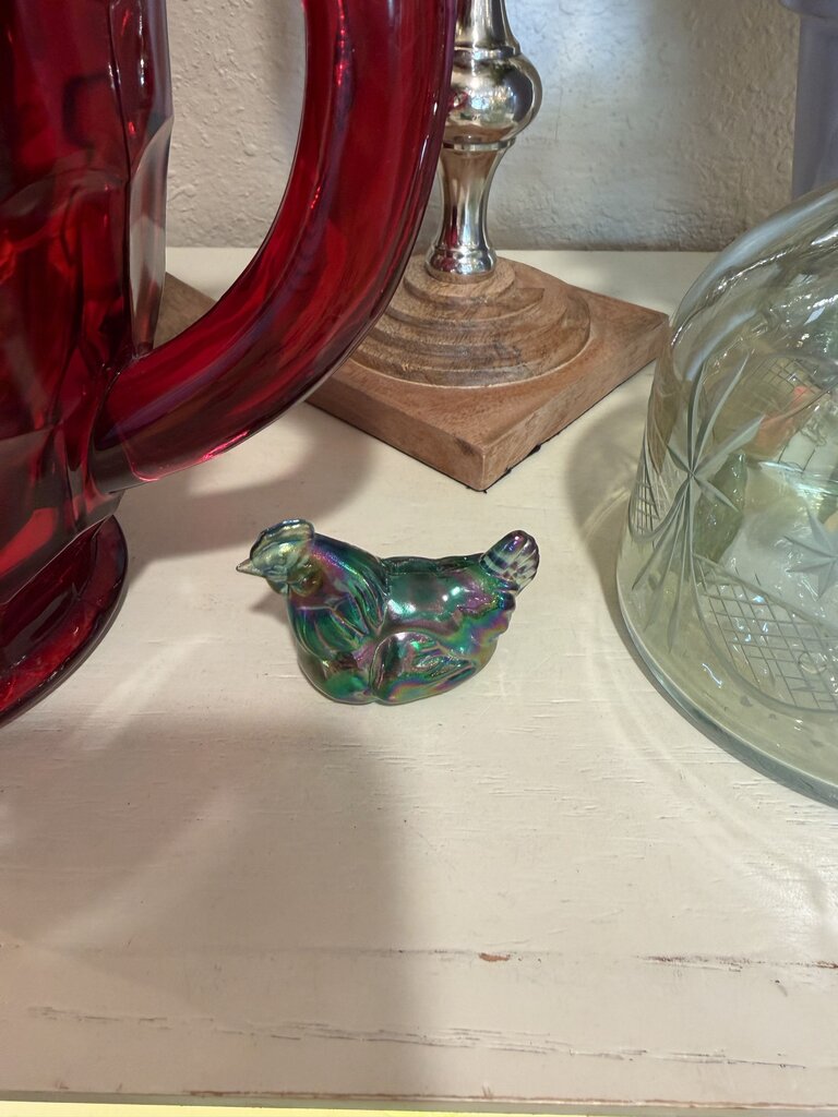 FENTON Mini Hen Figurine Green Carnival Glass