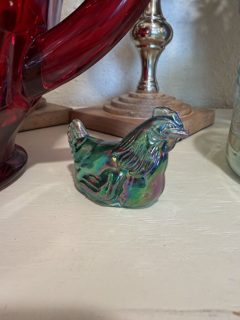 FENTON Mini Hen Figurine Green Carnival Glass